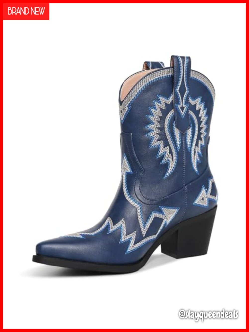 Ankle Cowboy Boots Pointed Toe Block Heel with Embroidery